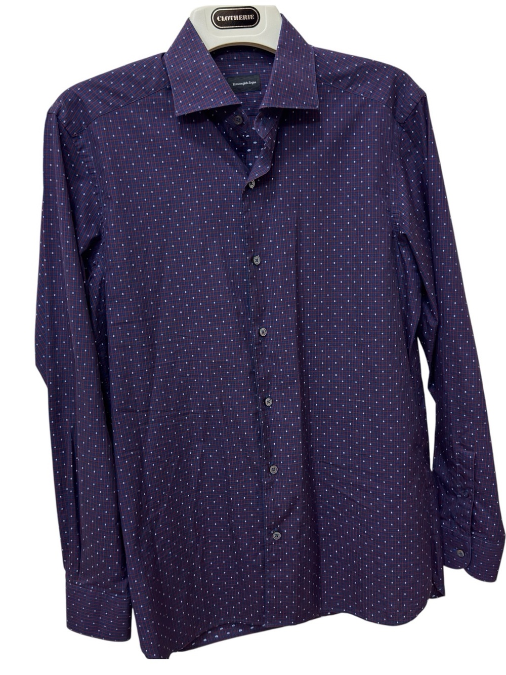 Ermenegildo Zegna Men’s Cotton Shirt Burgundy Navy Check White Dot